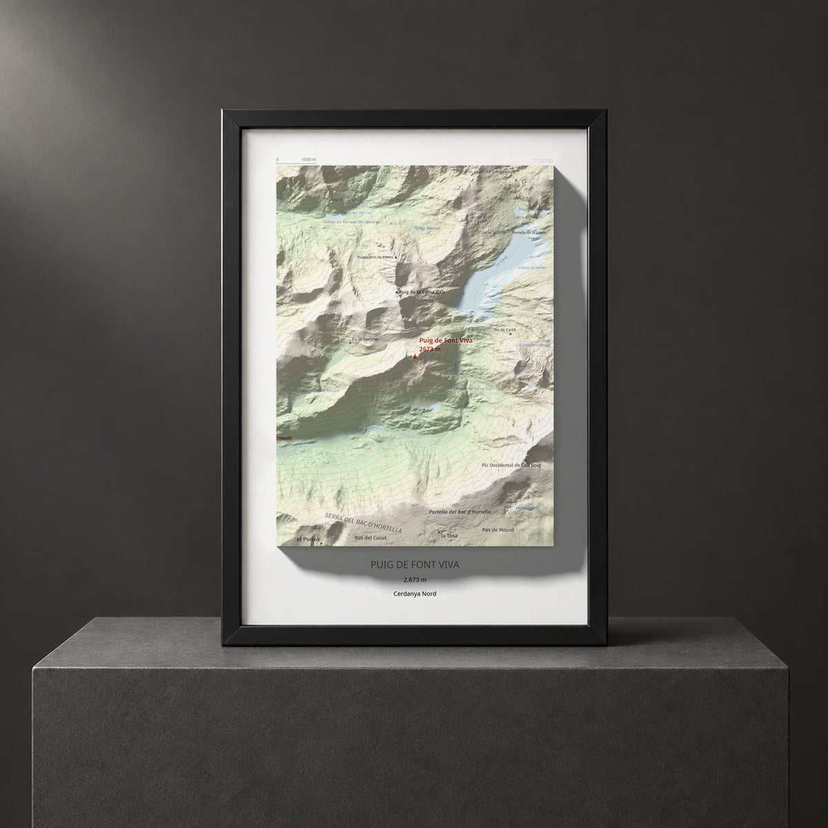 Mapa de relieve de Puig de Font Viva, 2673 m, Cerdanya Nord, lámina 100 Cims de Trobart. Presentación enmarcada. 21 × 30 cm.