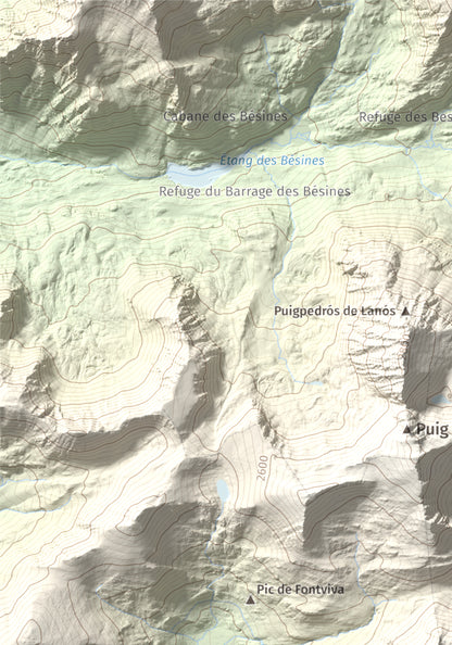 Mapa de relieve de Puig de Font Viva, 2673 m, Cerdanya Nord, lámina 100 Cims de Trobart. Detalle de la zona superior izquierda. 21 × 30 cm.