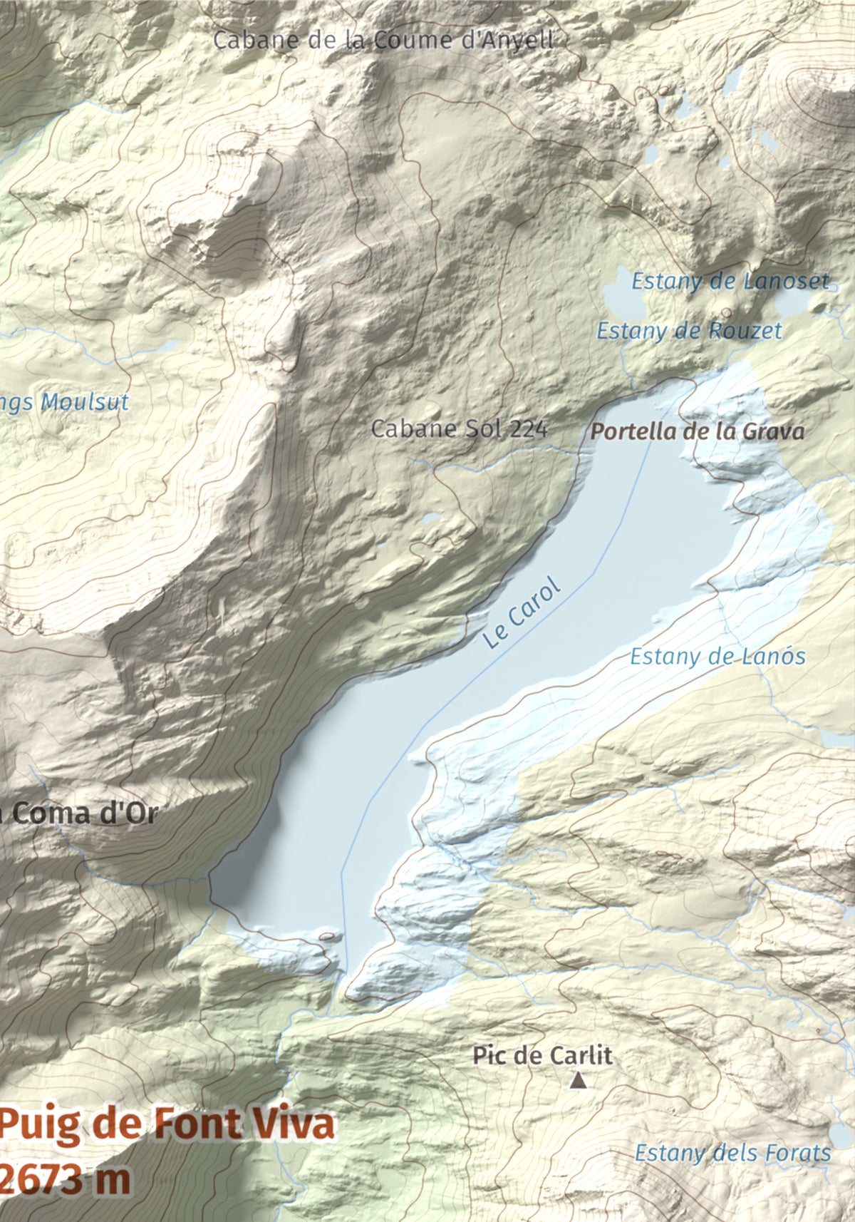 Mapa de relieve de Puig de Font Viva, 2673 m, Cerdanya Nord, lámina 100 Cims de Trobart. Detalle de la zona superior derecha. 21 × 30 cm.