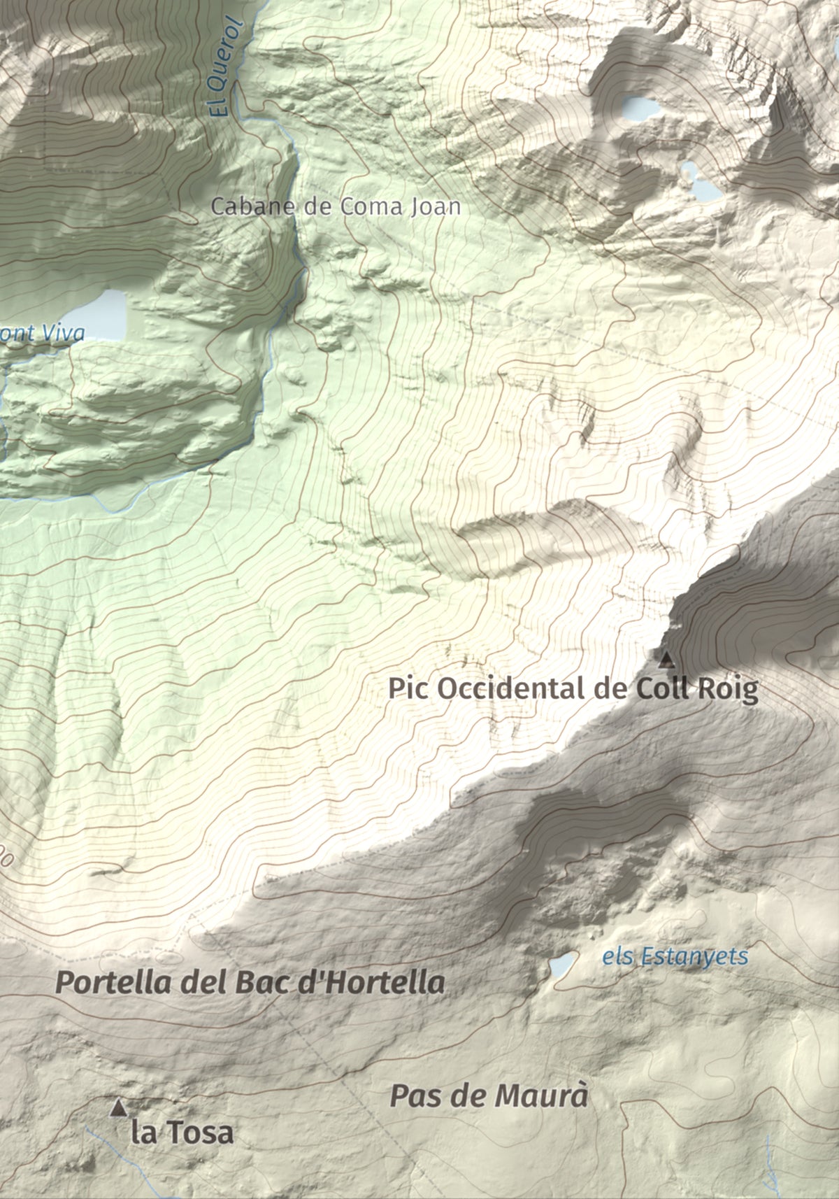 Mapa de relieve de Puig de Font Viva, 2673 m, Cerdanya Nord, lámina 100 Cims de Trobart. Detalle de la zona inferior derecha. 21 × 30 cm.