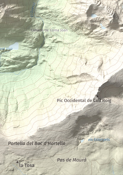 Mapa de relieve de Puig de Font Viva, 2673 m, Cerdanya Nord, lámina 100 Cims de Trobart. Detalle de la zona inferior derecha. 21 × 30 cm.