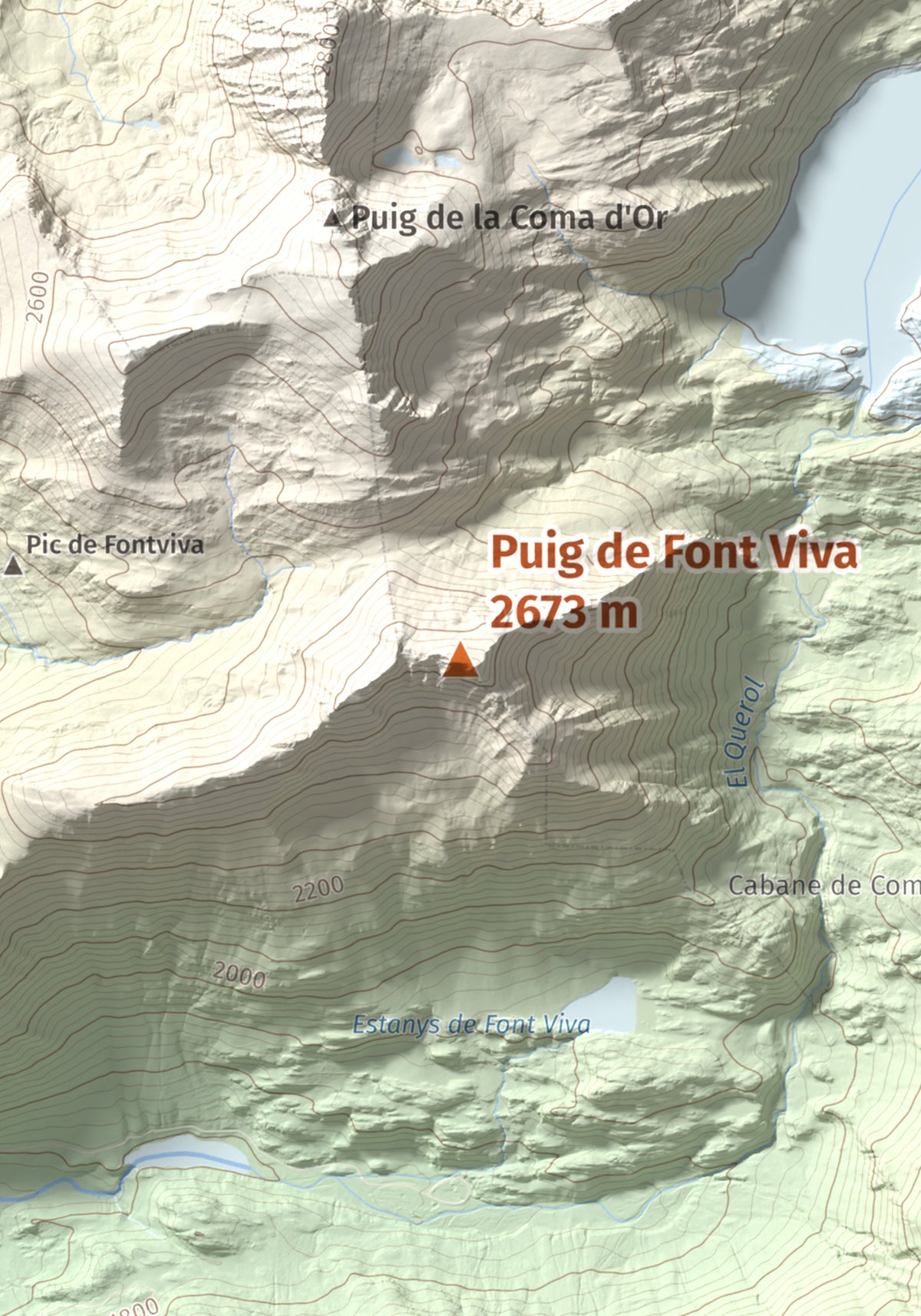 Mapa de relieve de Puig de Font Viva, 2673 m, Cerdanya Nord, lámina 100 Cims de Trobart. Detalle de la zona central. 21 × 30 cm.