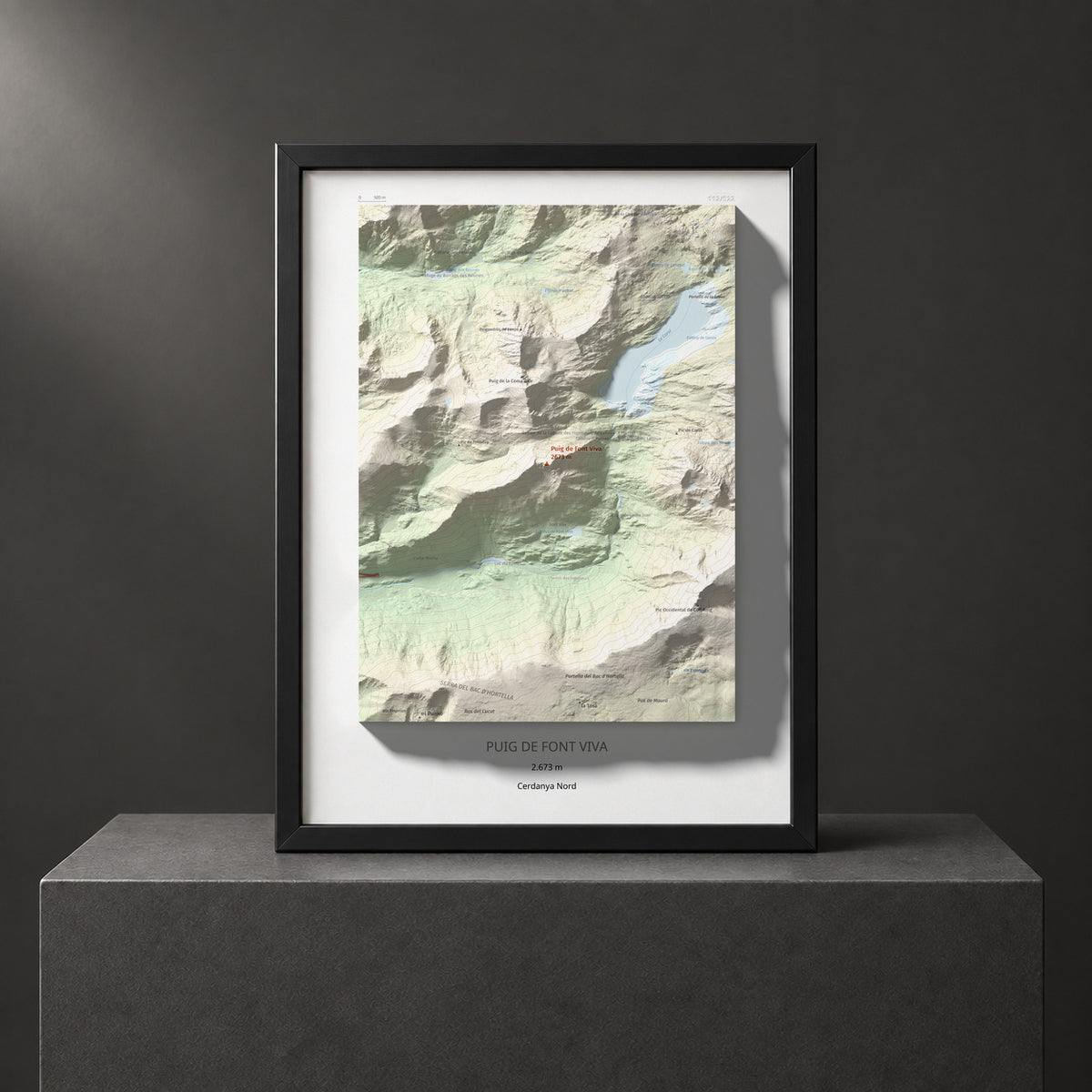 Mapa de relieve de Puig de Font Viva, 2673 m, Cerdanya Nord, lámina 100 Cims de Trobart. Presentación enmarcada. 30 × 40 cm.