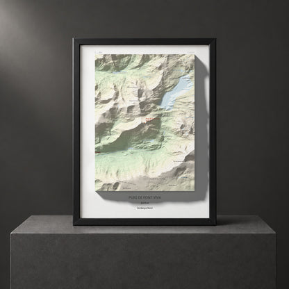 Mapa de relieve de Puig de Font Viva, 2673 m, Cerdanya Nord, lámina 100 Cims de Trobart. Presentación enmarcada. 30 × 40 cm.