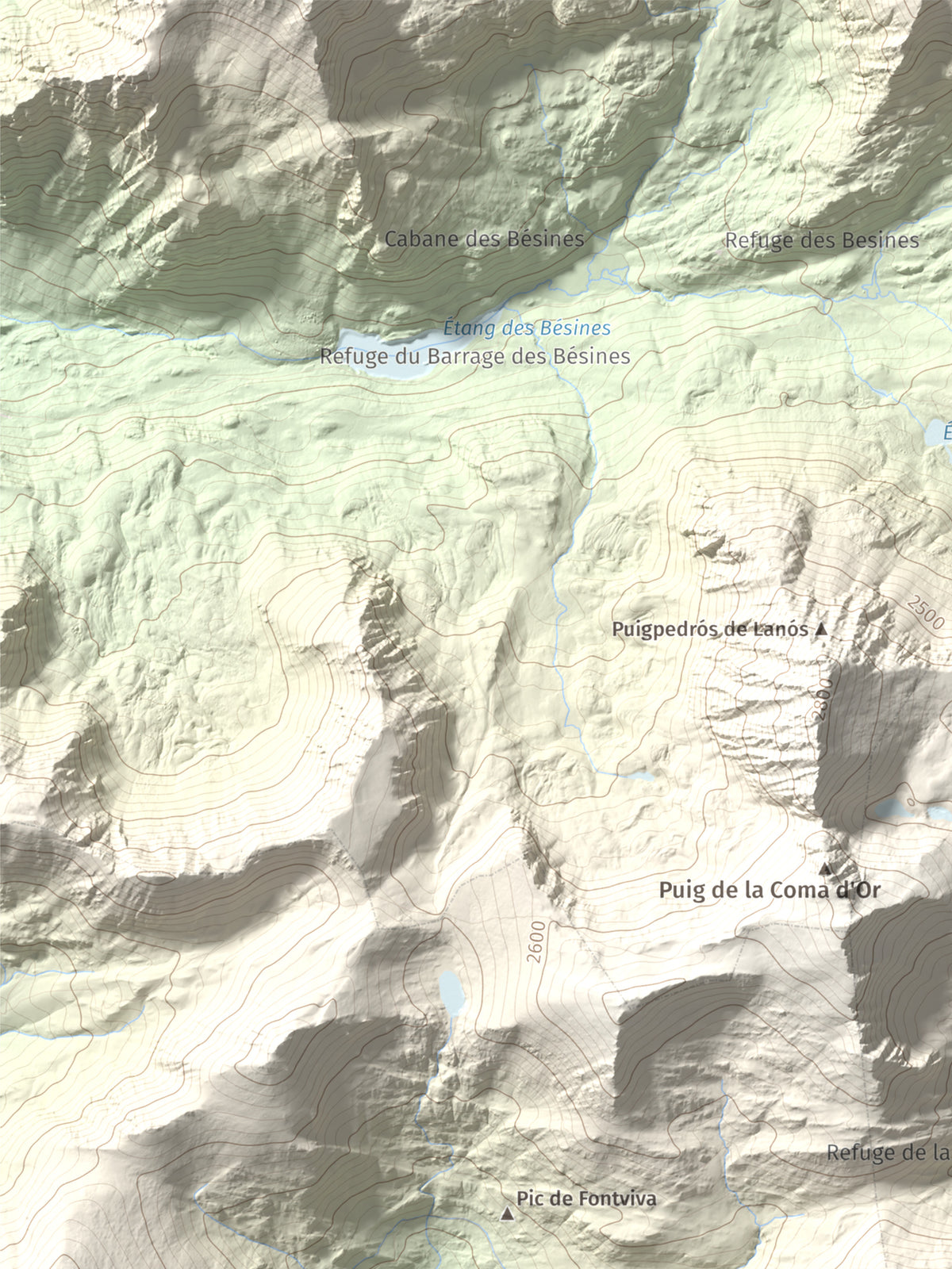 Mapa de relieve de Puig de Font Viva, 2673 m, Cerdanya Nord, lámina 100 Cims de Trobart. Detalle de la zona superior izquierda. 30 × 40 cm.