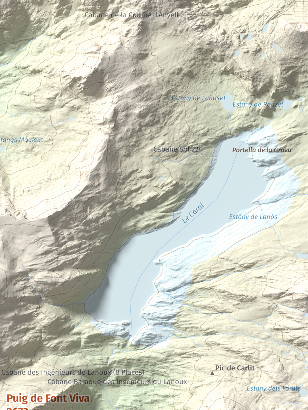 Mapa de relieve de Puig de Font Viva, 2673 m, Cerdanya Nord, lámina 100 Cims de Trobart. Detalle de la zona superior derecha. 30 × 40 cm.