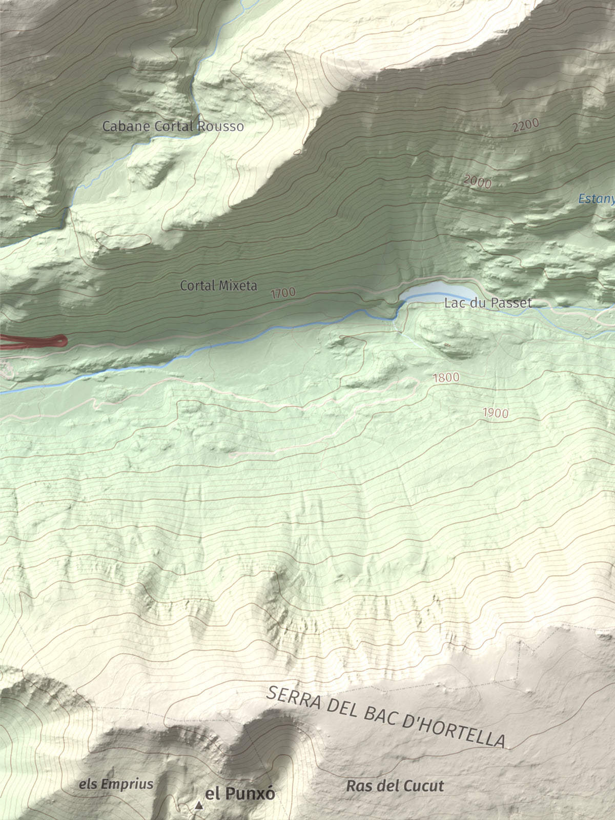 Mapa de relieve de Puig de Font Viva, 2673 m, Cerdanya Nord, lámina 100 Cims de Trobart. Detalle de la zona inferior izquierda. 30 × 40 cm.