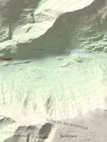 Mapa de relieve de Puig de Font Viva, 2673 m, Cerdanya Nord, lámina 100 Cims de Trobart. Detalle de la zona inferior izquierda. 30 × 40 cm.