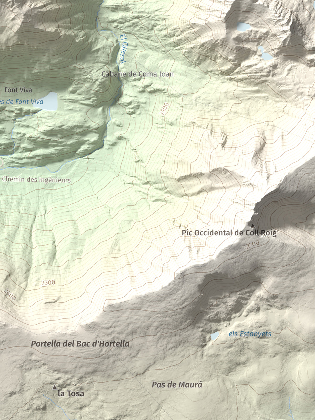 Mapa de relieve de Puig de Font Viva, 2673 m, Cerdanya Nord, lámina 100 Cims de Trobart. Detalle de la zona inferior derecha. 30 × 40 cm.