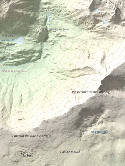Mapa de relieve de Puig de Font Viva, 2673 m, Cerdanya Nord, lámina 100 Cims de Trobart. Detalle de la zona inferior derecha. 30 × 40 cm.