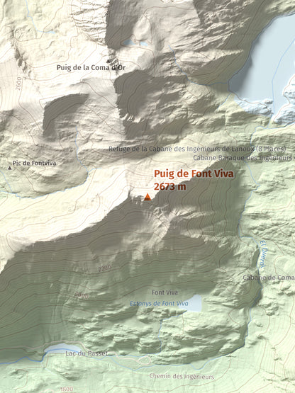 Mapa de relieve de Puig de Font Viva, 2673 m, Cerdanya Nord, lámina 100 Cims de Trobart. Detalle de la zona central. 30 × 40 cm.