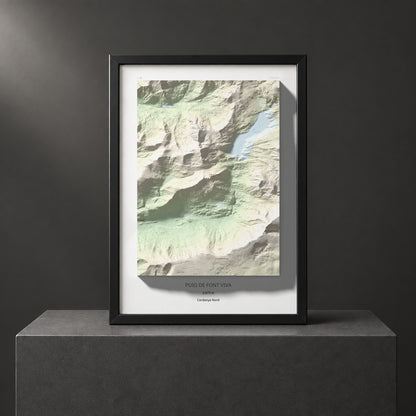 Mapa de relieve de Puig de Font Viva, 2673 m, Cerdanya Nord, lámina 100 Cims de Trobart. Presentación enmarcada. 50 × 70 cm.