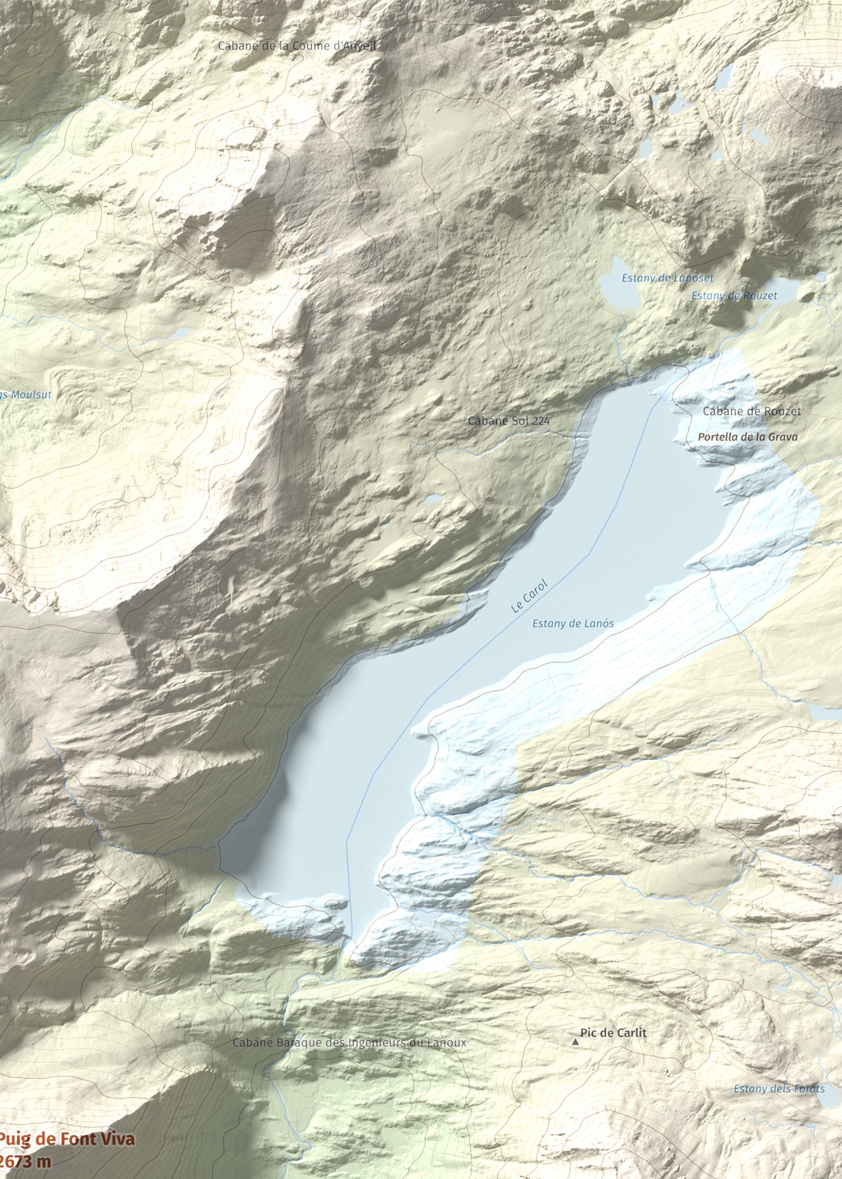 Mapa de relieve de Puig de Font Viva, 2673 m, Cerdanya Nord, lámina 100 Cims de Trobart. Detalle de la zona superior derecha. 50 × 70 cm.