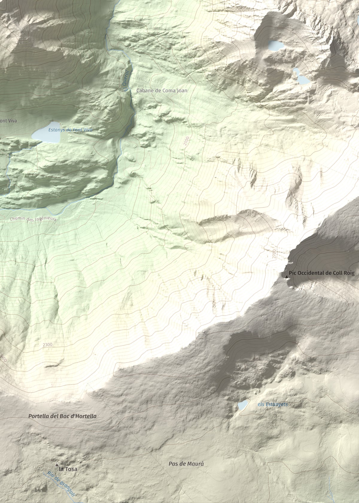 Mapa de relieve de Puig de Font Viva, 2673 m, Cerdanya Nord, lámina 100 Cims de Trobart. Detalle de la zona inferior derecha. 50 × 70 cm.