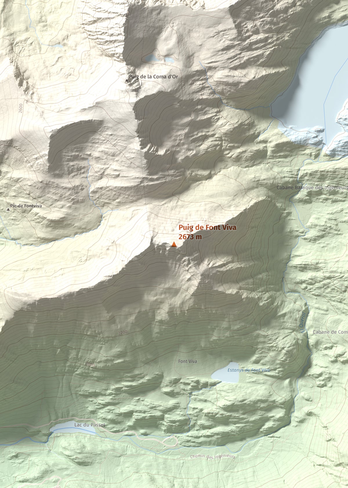 Mapa de relieve de Puig de Font Viva, 2673 m, Cerdanya Nord, lámina 100 Cims de Trobart. Detalle de la zona central. 50 × 70 cm.