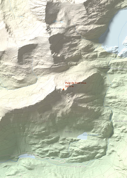 Mapa de relieve de Puig de Font Viva, 2673 m, Cerdanya Nord, lámina 100 Cims de Trobart. Detalle de la zona central. 50 × 70 cm.