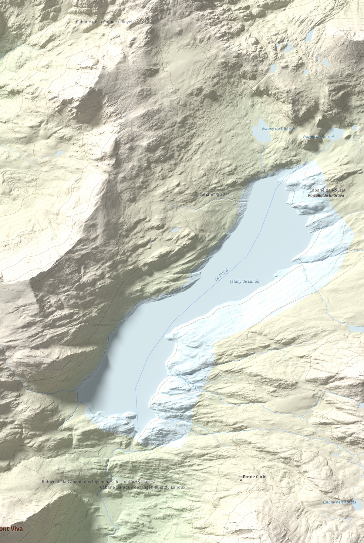 Mapa de relieve de Puig de Font Viva, 2673 m, Cerdanya Nord, lámina 100 Cims de Trobart. Detalle de la zona superior derecha. 61 × 91 cm.
