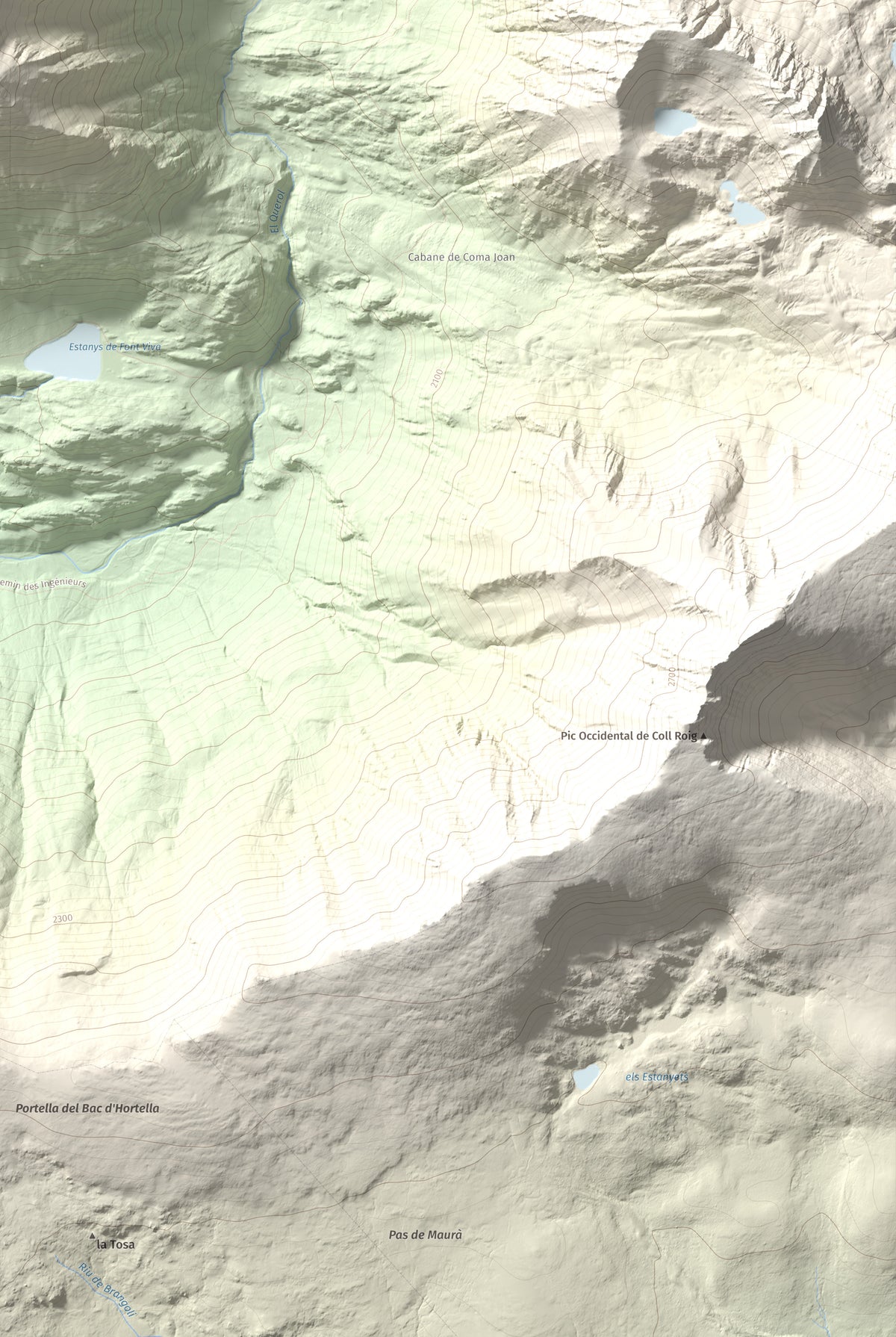 Mapa de relieve de Puig de Font Viva, 2673 m, Cerdanya Nord, lámina 100 Cims de Trobart. Detalle de la zona inferior derecha. 61 × 91 cm.