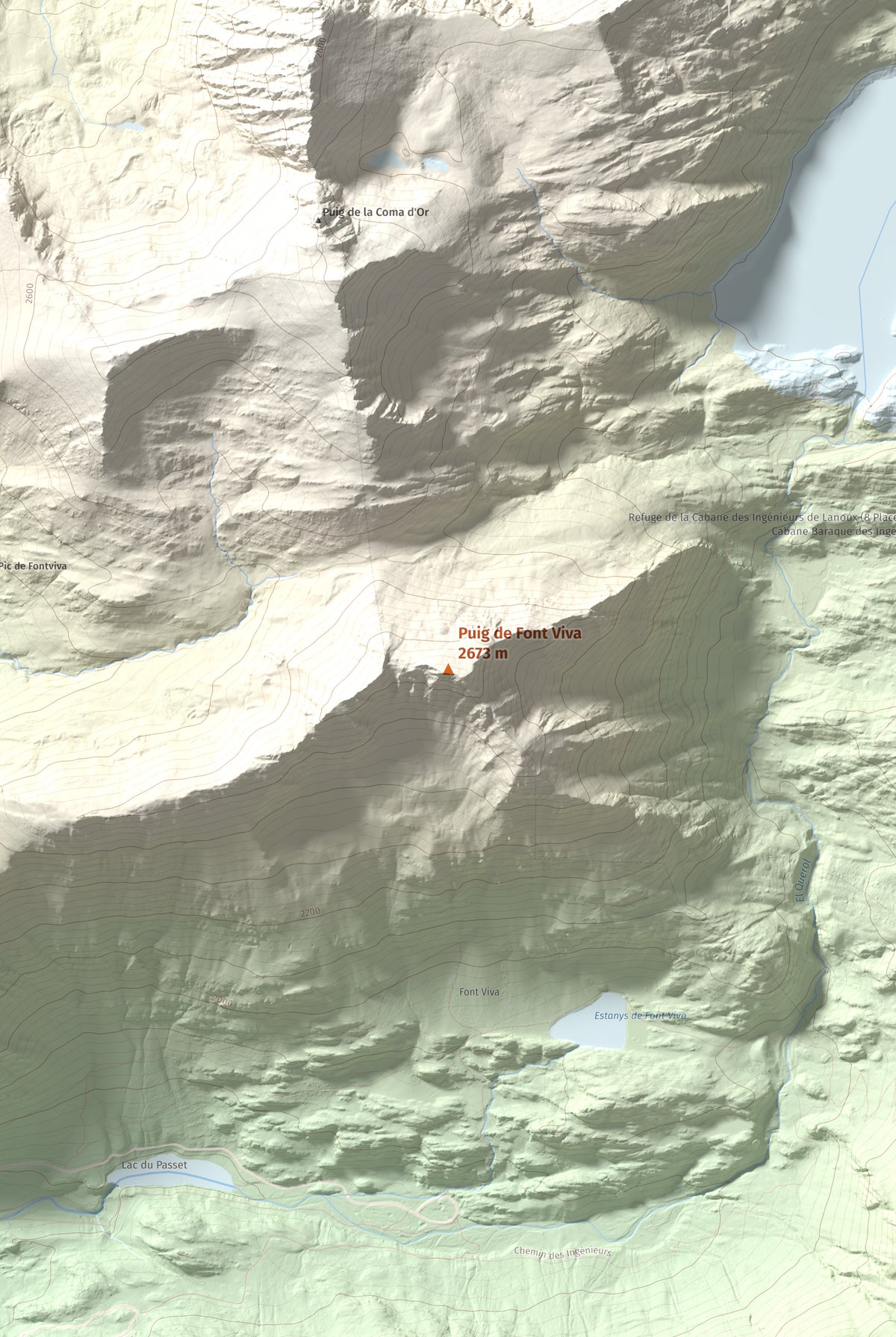 Mapa de relieve de Puig de Font Viva, 2673 m, Cerdanya Nord, lámina 100 Cims de Trobart. Detalle de la zona central. 61 × 91 cm.