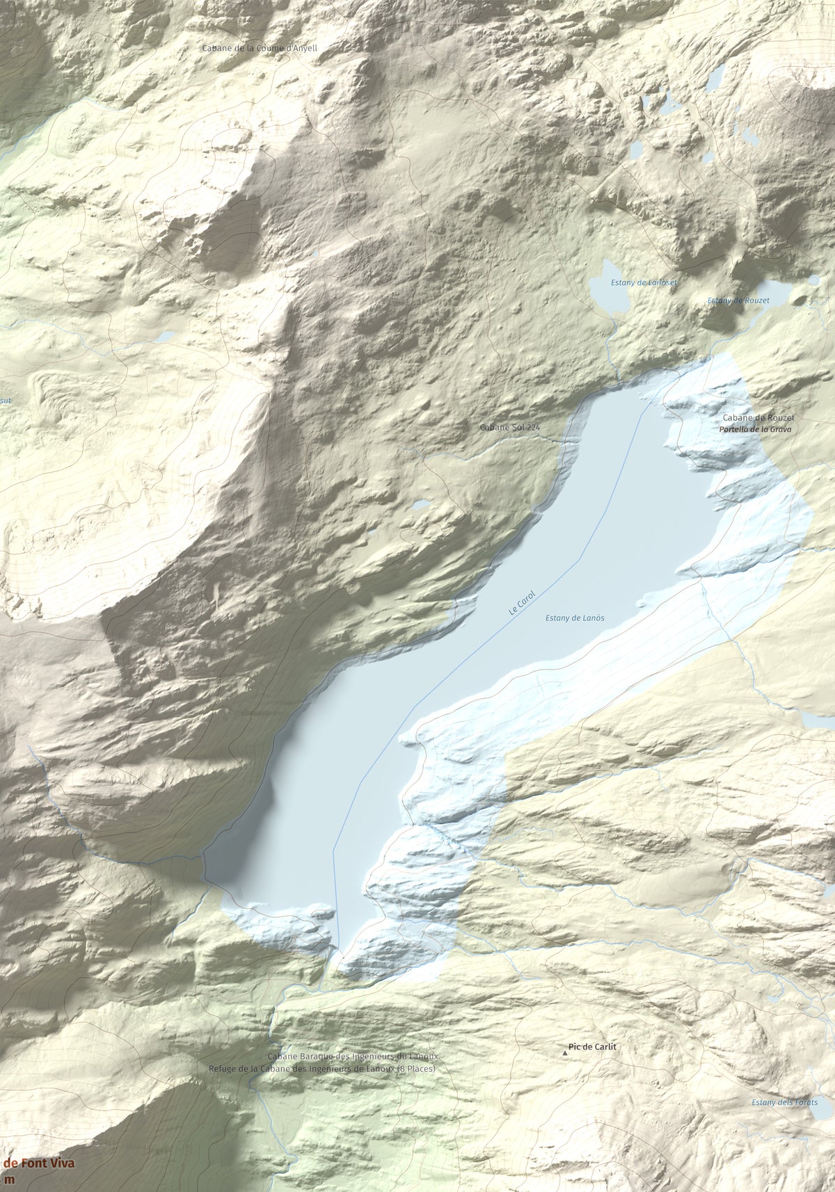 Mapa de relieve de Puig de Font Viva, 2673 m, Cerdanya Nord, lámina 100 Cims de Trobart. Detalle de la zona superior derecha. 70 × 100 cm.