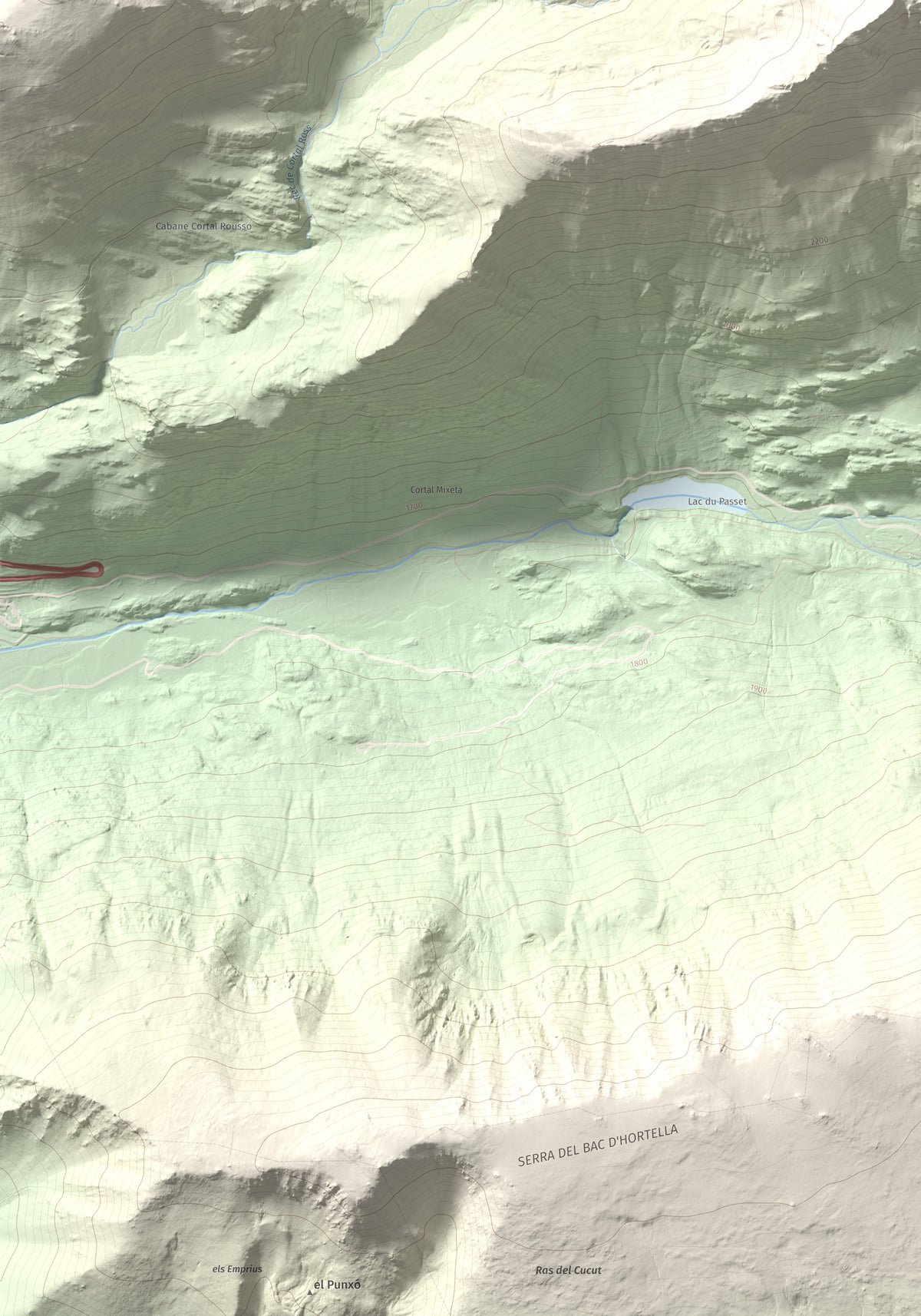 Mapa de relieve de Puig de Font Viva, 2673 m, Cerdanya Nord, lámina 100 Cims de Trobart. Detalle de la zona inferior izquierda. 70 × 100 cm.