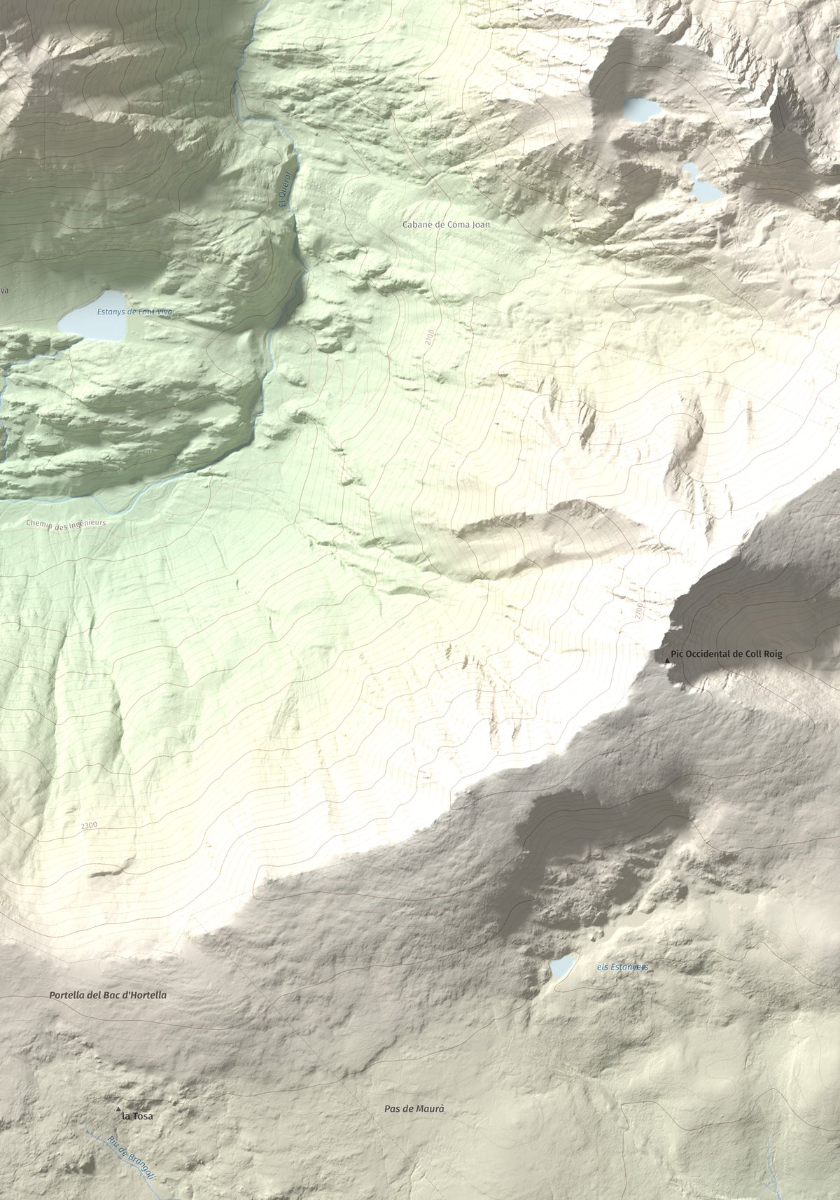 Mapa de relieve de Puig de Font Viva, 2673 m, Cerdanya Nord, lámina 100 Cims de Trobart. Detalle de la zona inferior derecha. 70 × 100 cm.