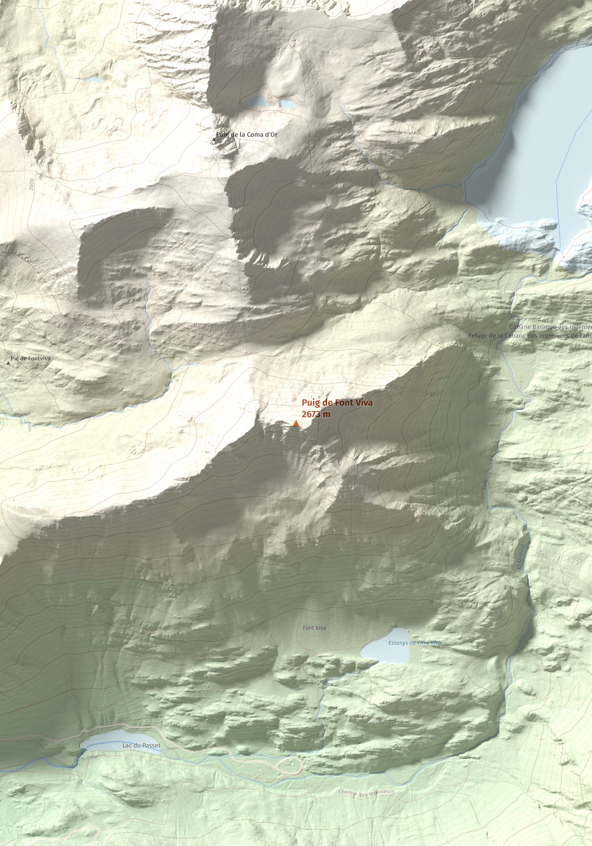Mapa de relieve de Puig de Font Viva, 2673 m, Cerdanya Nord, lámina 100 Cims de Trobart. Detalle de la zona central. 70 × 100 cm.