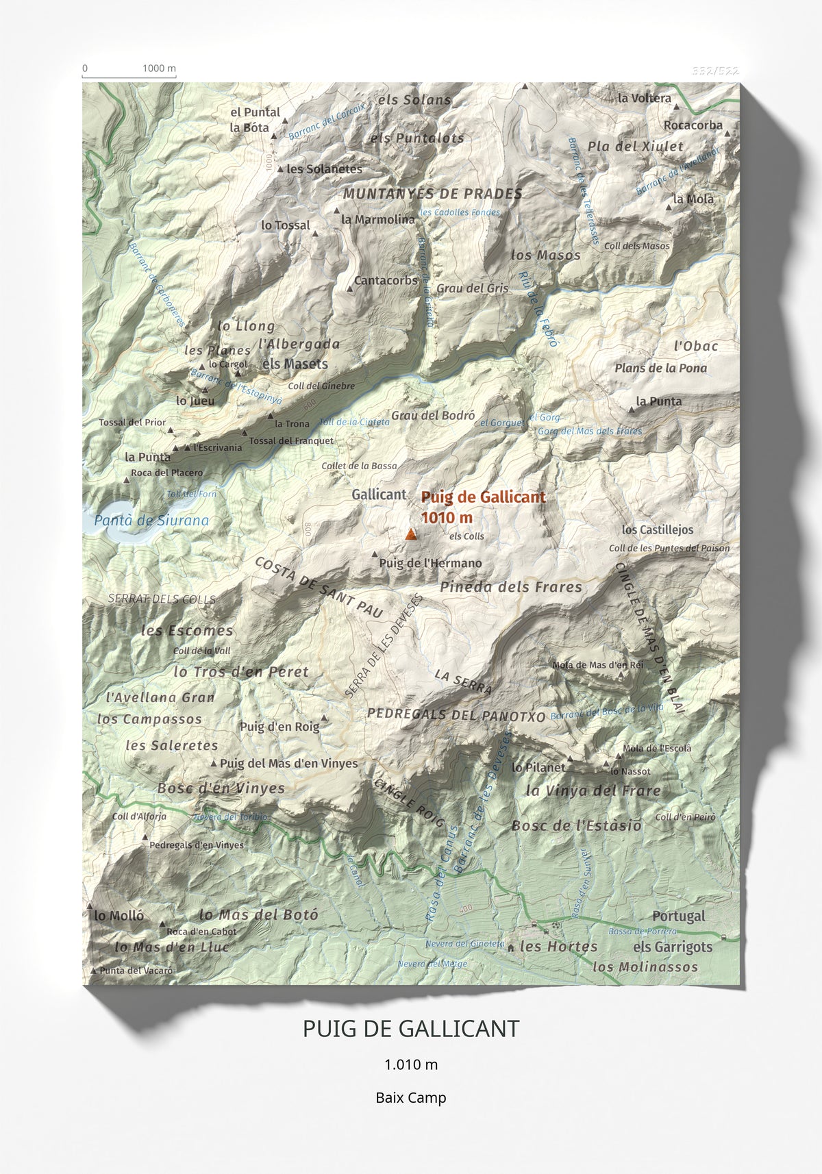 Mapa de relieve de Puig de Gallicant, 1010 m, Baix Camp, lámina 100 Cims de Trobart 21 × 30 cm.