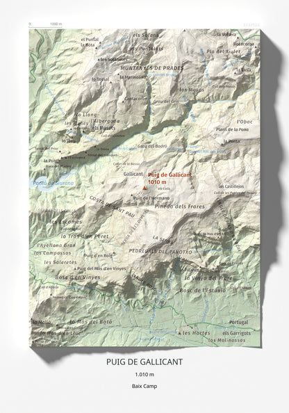 Mapa de relieve de Puig de Gallicant, 1010 m, Baix Camp, lámina 100 Cims de Trobart 21 × 30 cm.