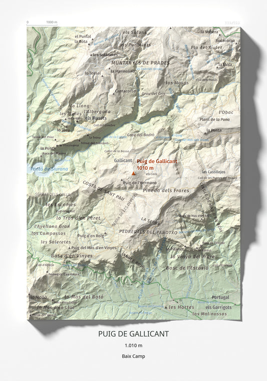 Mapa de relieve de Puig de Gallicant, 1010 m, Baix Camp, lámina 100 Cims de Trobart 21 × 30 cm.