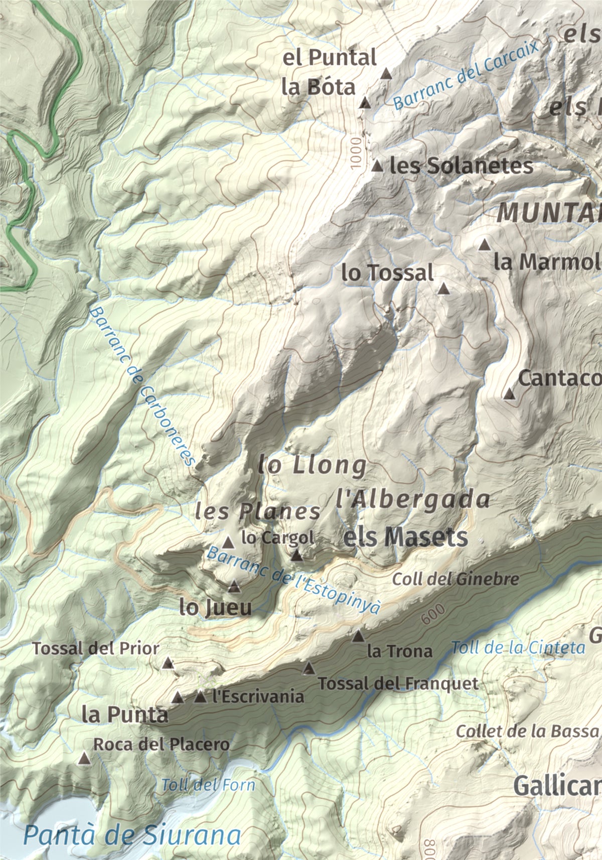Mapa de relieve de Puig de Gallicant, 1010 m, Baix Camp, lámina 100 Cims de Trobart. Detalle de la zona superior izquierda. 21 × 30 cm.