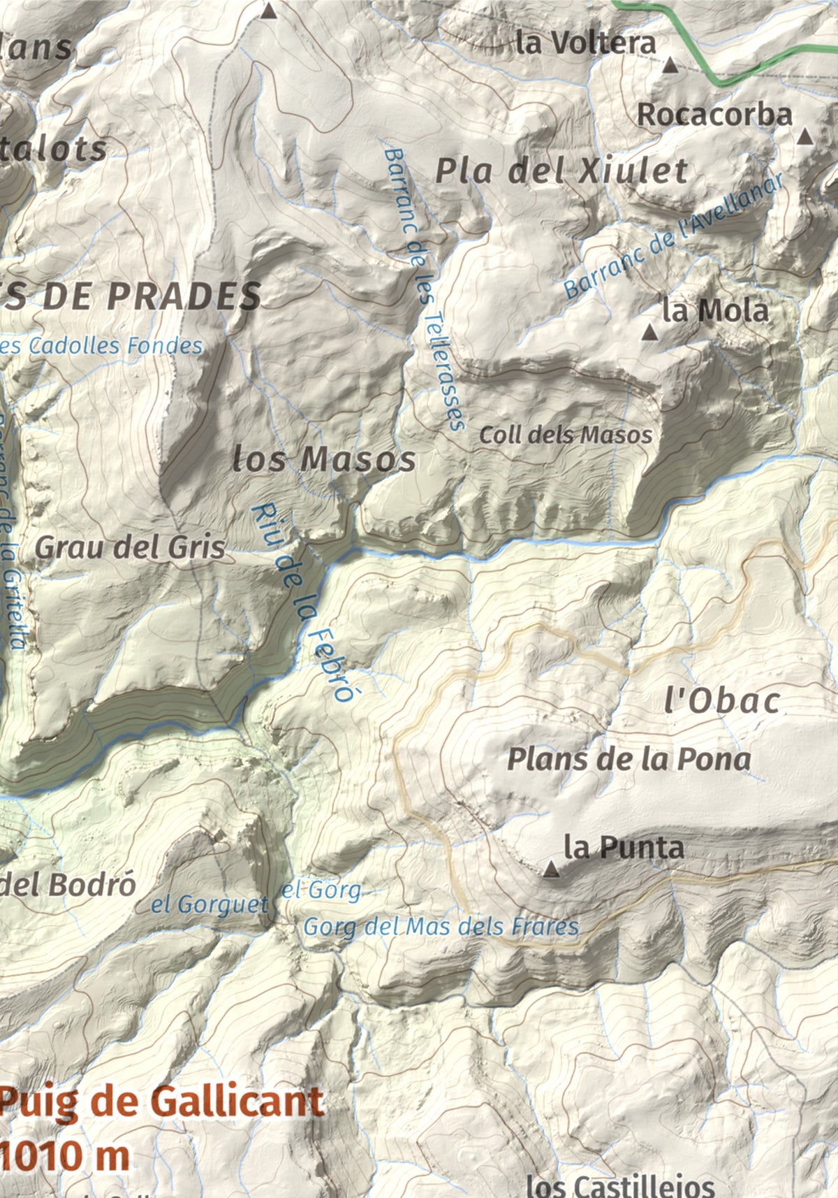 Mapa de relieve de Puig de Gallicant, 1010 m, Baix Camp, lámina 100 Cims de Trobart. Detalle de la zona superior derecha. 21 × 30 cm.