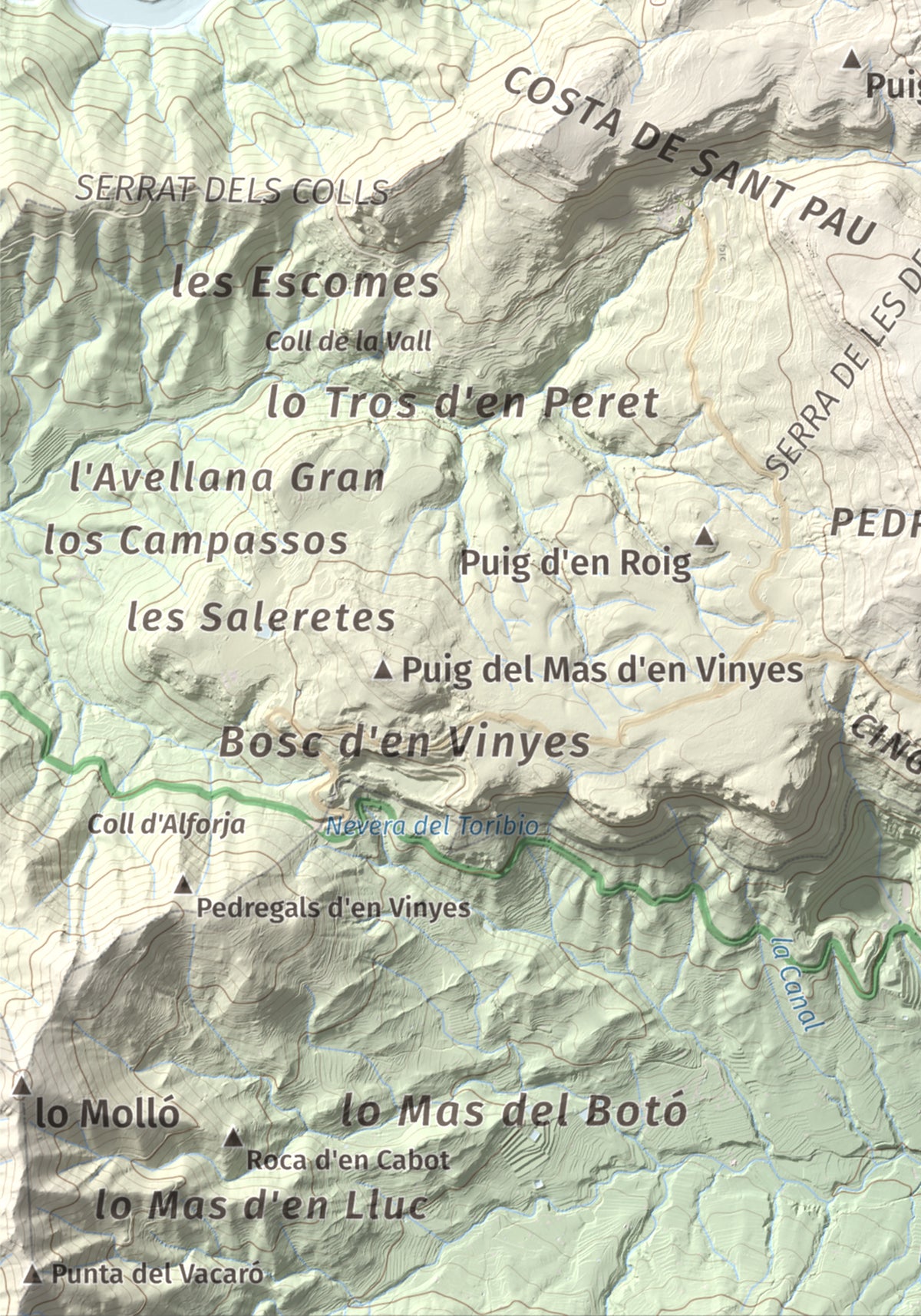 Mapa de relieve de Puig de Gallicant, 1010 m, Baix Camp, lámina 100 Cims de Trobart. Detalle de la zona inferior izquierda. 21 × 30 cm.