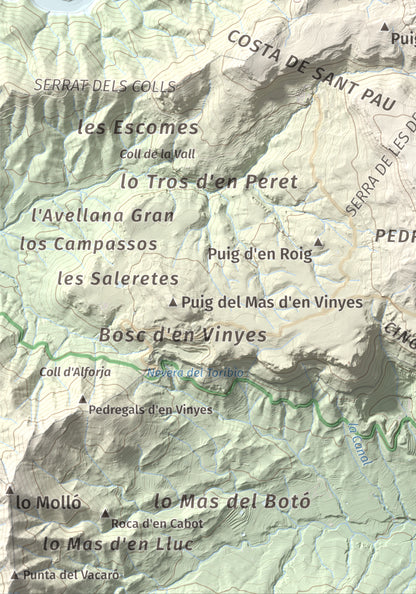 Mapa de relieve de Puig de Gallicant, 1010 m, Baix Camp, lámina 100 Cims de Trobart. Detalle de la zona inferior izquierda. 21 × 30 cm.