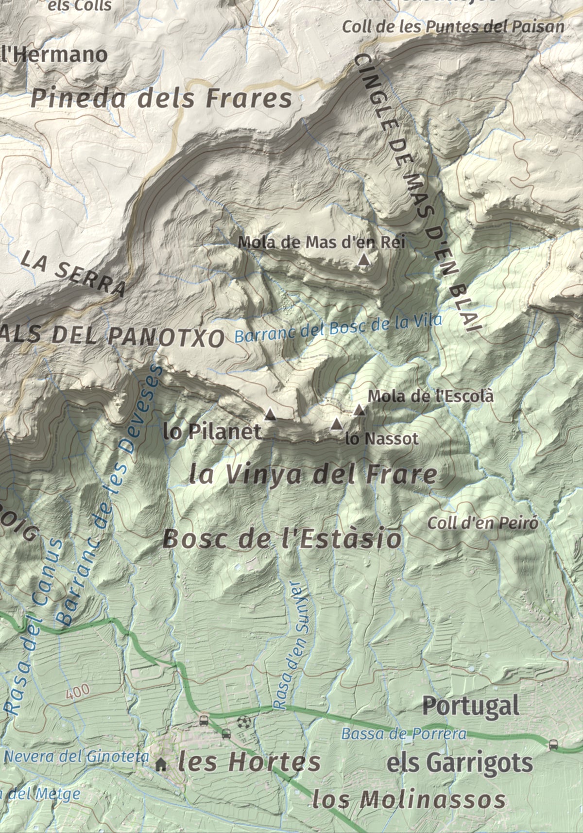 Mapa de relieve de Puig de Gallicant, 1010 m, Baix Camp, lámina 100 Cims de Trobart. Detalle de la zona inferior derecha. 21 × 30 cm.