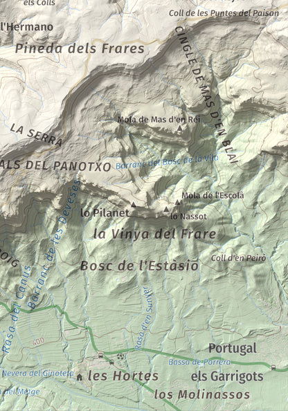Mapa de relieve de Puig de Gallicant, 1010 m, Baix Camp, lámina 100 Cims de Trobart. Detalle de la zona inferior derecha. 21 × 30 cm.