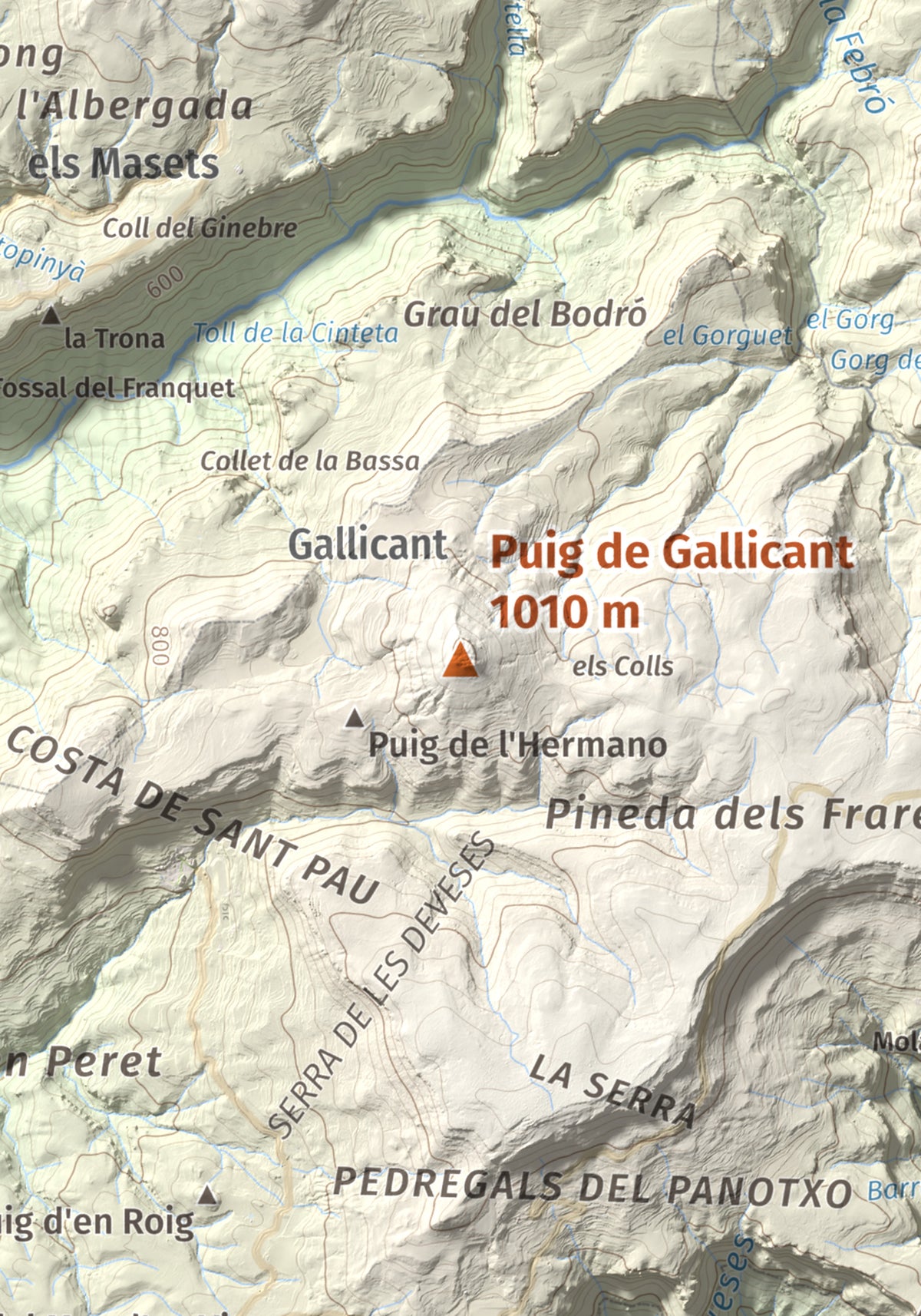 Mapa de relieve de Puig de Gallicant, 1010 m, Baix Camp, lámina 100 Cims de Trobart. Detalle de la zona central. 21 × 30 cm.