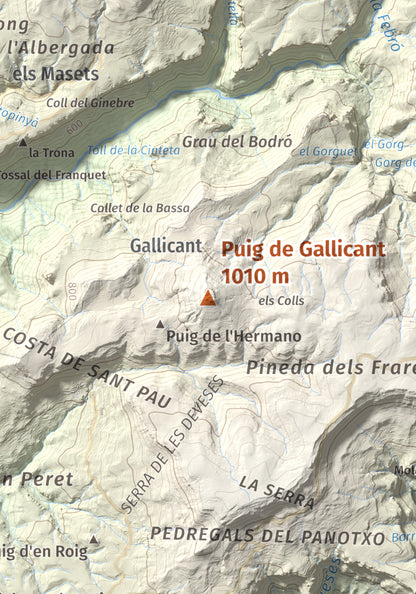 Mapa de relieve de Puig de Gallicant, 1010 m, Baix Camp, lámina 100 Cims de Trobart. Detalle de la zona central. 21 × 30 cm.