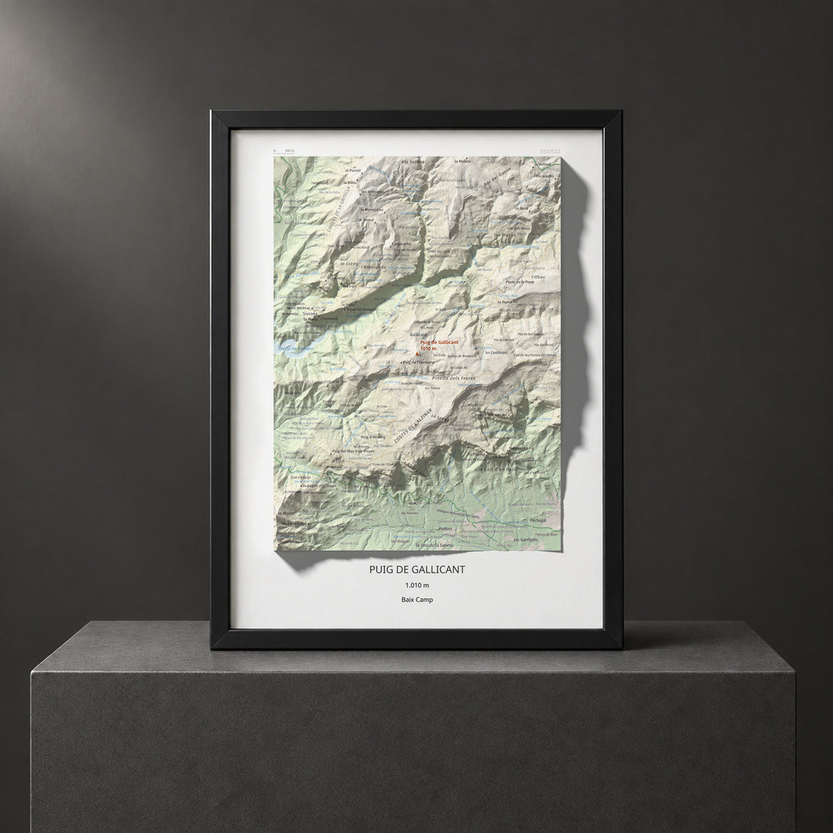 Mapa de relieve de Puig de Gallicant, 1010 m, Baix Camp, lámina 100 Cims de Trobart. Presentación enmarcada. 30 × 40 cm.
