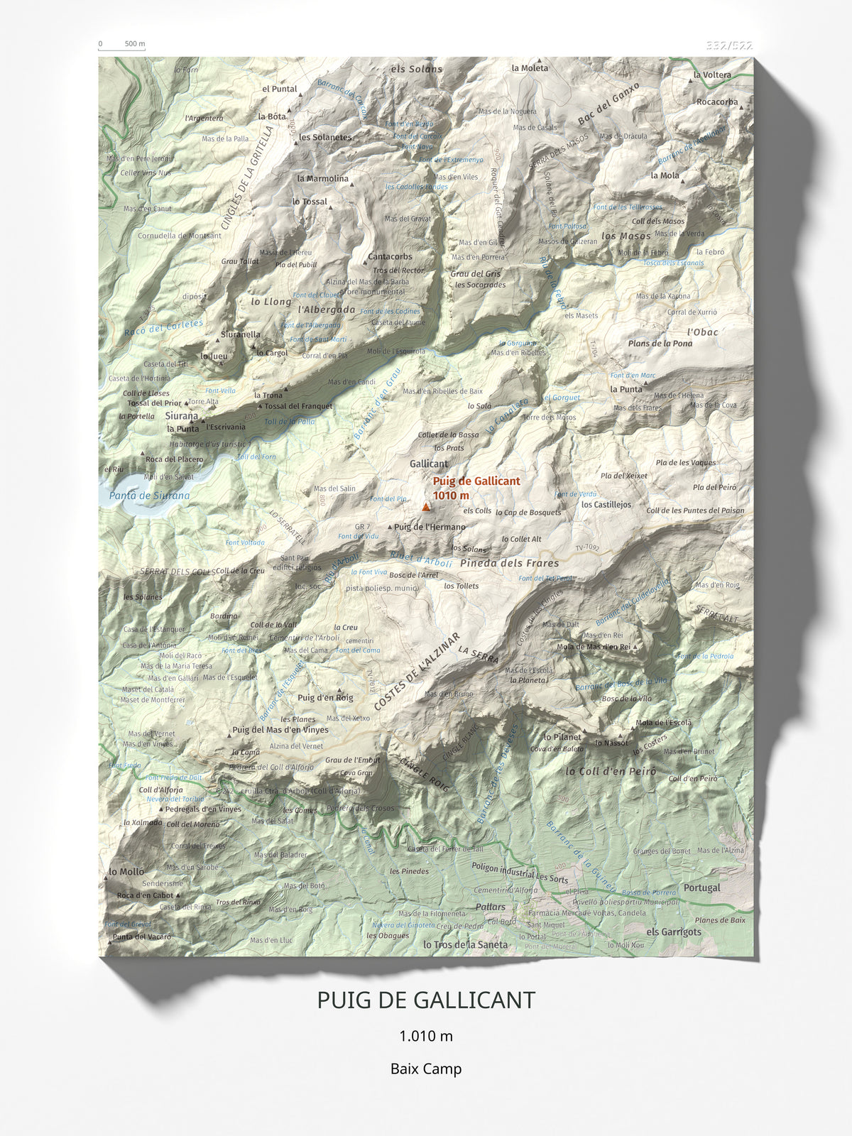 Mapa de relieve de Puig de Gallicant, 1010 m, Baix Camp, lámina 100 Cims de Trobart 30 × 40 cm.