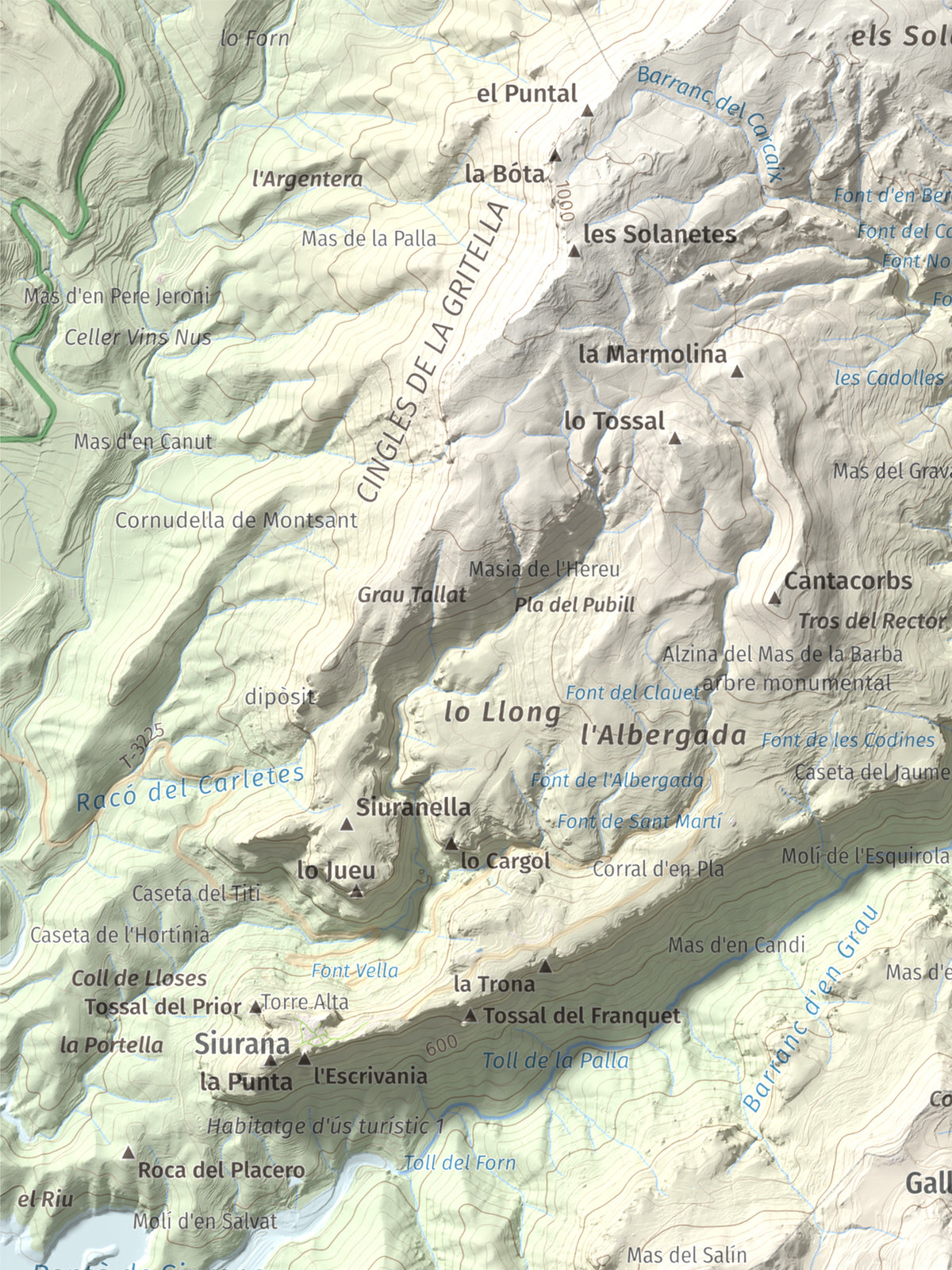 Mapa de relieve de Puig de Gallicant, 1010 m, Baix Camp, lámina 100 Cims de Trobart. Detalle de la zona superior izquierda. 30 × 40 cm.