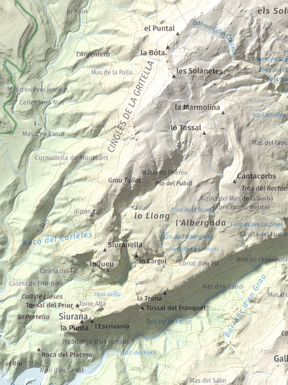 Mapa de relieve de Puig de Gallicant, 1010 m, Baix Camp, lámina 100 Cims de Trobart. Detalle de la zona superior izquierda. 30 × 40 cm.