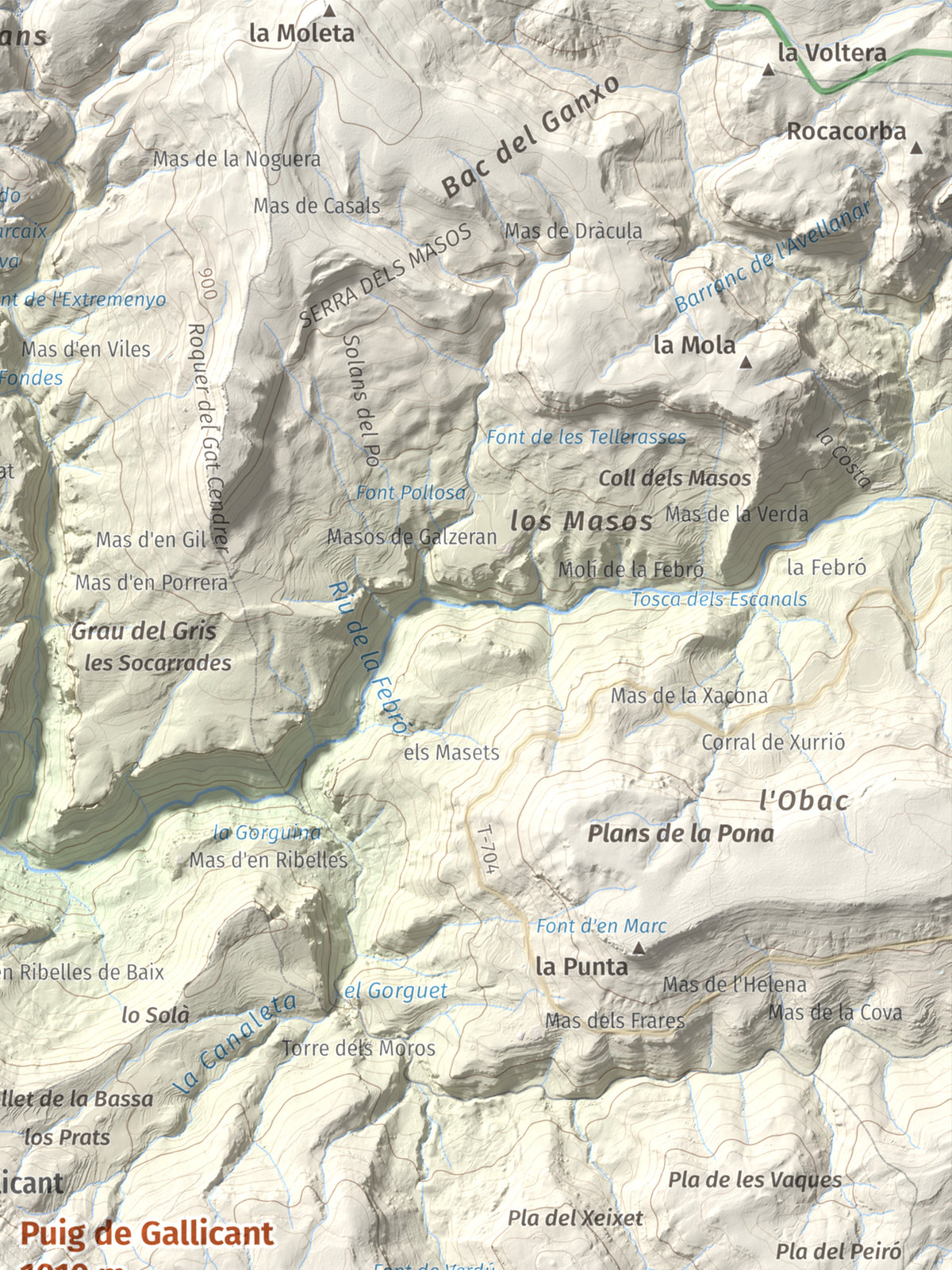 Mapa de relieve de Puig de Gallicant, 1010 m, Baix Camp, lámina 100 Cims de Trobart. Detalle de la zona superior derecha. 30 × 40 cm.