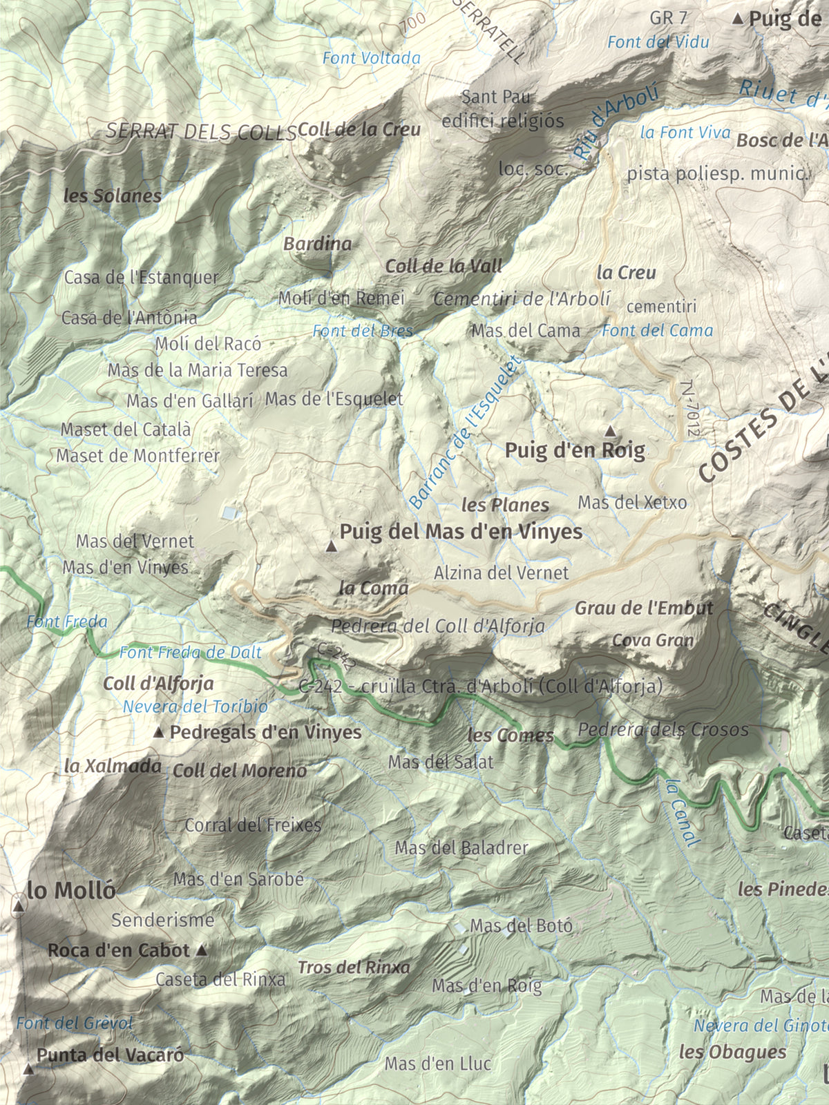 Mapa de relieve de Puig de Gallicant, 1010 m, Baix Camp, lámina 100 Cims de Trobart. Detalle de la zona inferior izquierda. 30 × 40 cm.