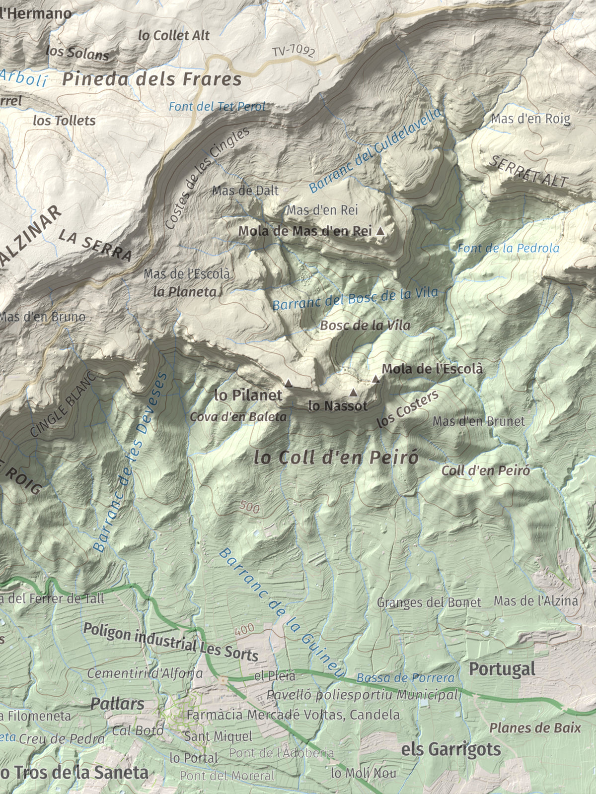Mapa de relieve de Puig de Gallicant, 1010 m, Baix Camp, lámina 100 Cims de Trobart. Detalle de la zona inferior derecha. 30 × 40 cm.