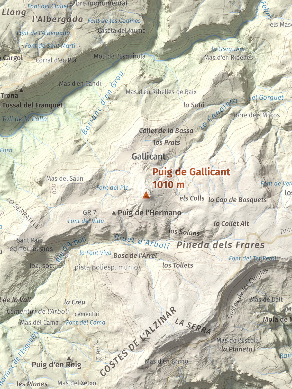 Mapa de relieve de Puig de Gallicant, 1010 m, Baix Camp, lámina 100 Cims de Trobart. Detalle de la zona central. 30 × 40 cm.