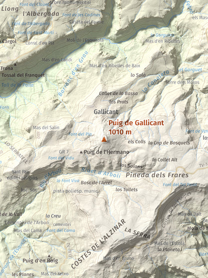 Mapa de relieve de Puig de Gallicant, 1010 m, Baix Camp, lámina 100 Cims de Trobart. Detalle de la zona central. 30 × 40 cm.