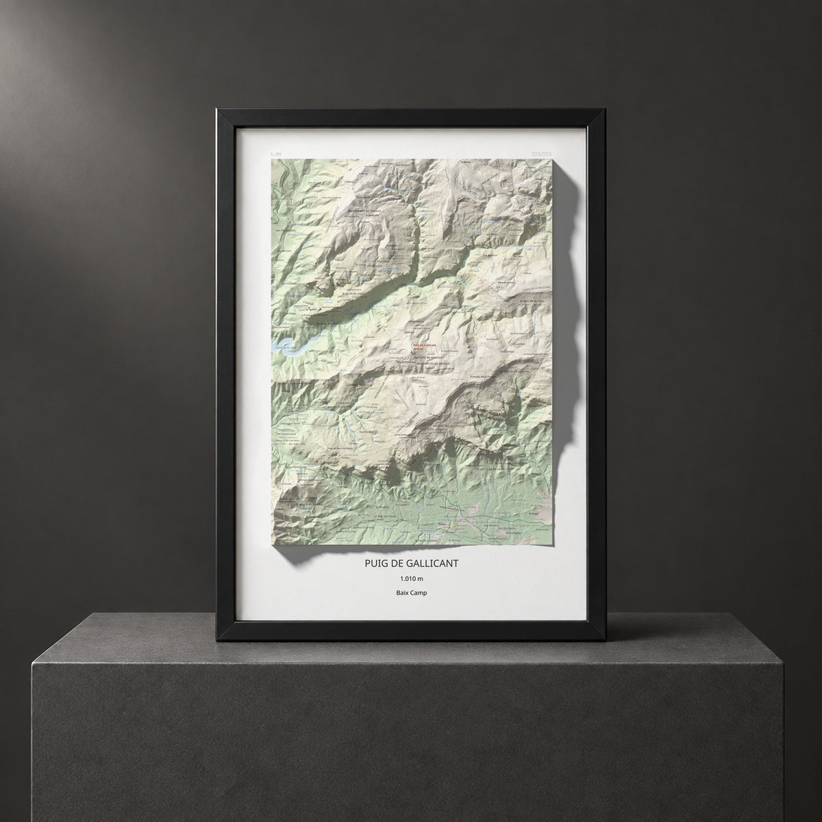 Mapa de relieve de Puig de Gallicant, 1010 m, Baix Camp, lámina 100 Cims de Trobart. Presentación enmarcada. 50 × 70 cm.