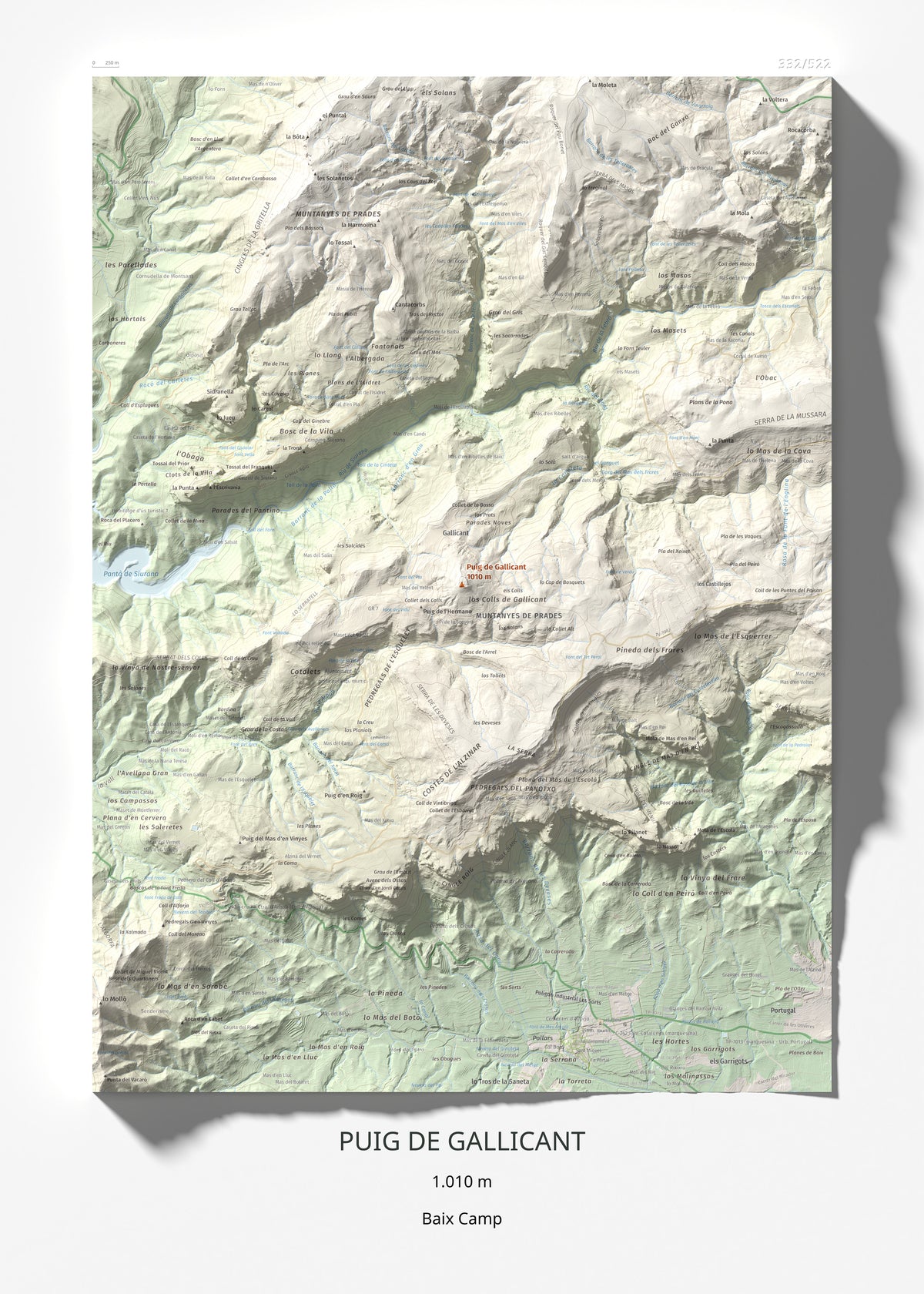 Mapa de relieve de Puig de Gallicant, 1010 m, Baix Camp, lámina 100 Cims de Trobart 50 × 70 cm.