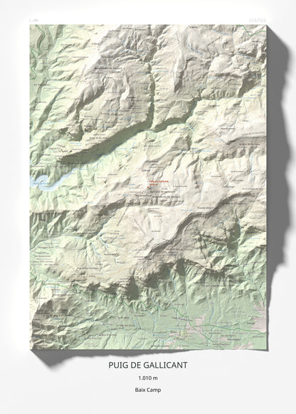 Mapa de relieve de Puig de Gallicant, 1010 m, Baix Camp, lámina 100 Cims de Trobart 50 × 70 cm.